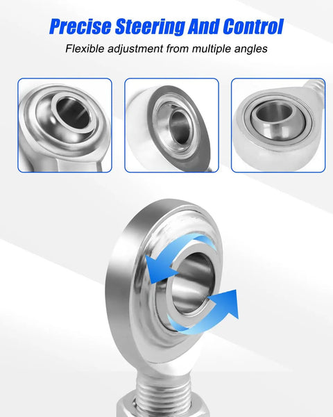 1/2-20 Heim Joint Rod End Kit LH RH With Tube Adapters And Jam Nuts For Linkages, Suspension And Steering Systems, Beefed Up Spherical Bearings For Auto, Kart, RC, And DIY Projects close-up of steel rod end ball joint