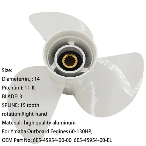 14 Diameter 11 Pitch Aluminum Boat Propeller For Yamaha Outboards 60HP To 130HP Right Hand Rotation With 15 Tooth Spline