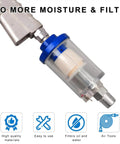 Close-up of Pro Grade Water And Oil Separator Filter For Air Tools showing transparent housing and 1/4 inch NPT connection.