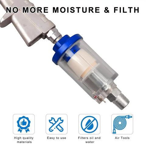 Close-up of Pro Grade Water And Oil Separator Filter For Air Tools showing transparent housing and 1/4 inch NPT connection.