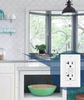 Close-up of a kitchen with a 10-Pack Outdoor GFCI Receptacle Outlet 20 Amp Weather-Resistant Ground Fault Interrupter With Wall Plate Included ETL Listed White A No-Brainer Upgrade For Patio Setups With Safe Easy Install For Decks Sheds And Outdoor Kitchens installed next to the sink.