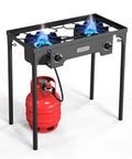 Two Burner Outdoor Propane Gas Stove With Adjustable Regulator 150,000 BTU High Pressure Stand Cooker with visible flames