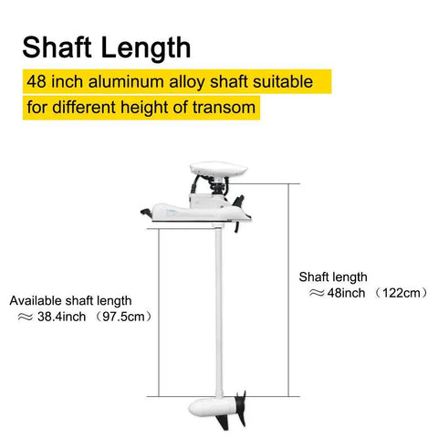 Quiet Riot 12V Bow Mount Trolling Motor 55 Lb Thrust 48 Inch Shaft Wireless Remote Control showing 48 inch aluminum alloy shaft.