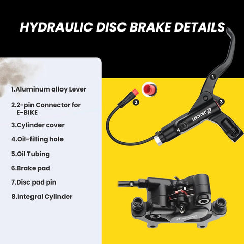 Front view of black e-bike hydraulic disc brake lever and caliper with mounting adapter on yellow background