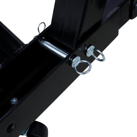 Close-up of the reinforced steel pins on the Two Ton Folding Engine Hoist Cherry Picker Shop Crane in black.