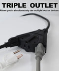 Beefy 6 Foot Outdoor Extension Cord With 3 Outlets 16/3 SJTW Water Resistant Heavy Duty Black Cable With Reinforced Blades And Slip Resistant Design 13 Amp 125 Volt 1625 Watt triple outlet plug close-up