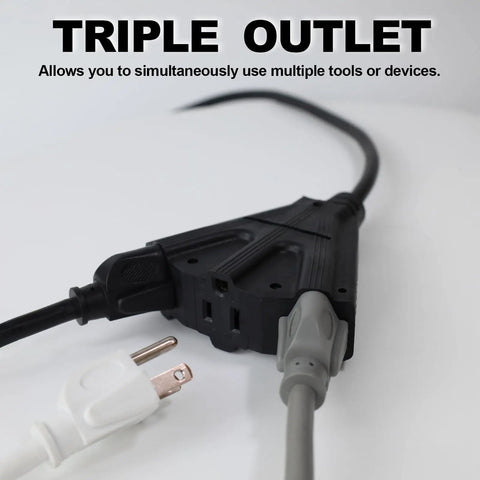 Beefy 6 Foot Outdoor Extension Cord With 3 Outlets 16/3 SJTW Water Resistant Heavy Duty Black Cable With Reinforced Blades And Slip Resistant Design 13 Amp 125 Volt 1625 Watt triple outlet plug close-up