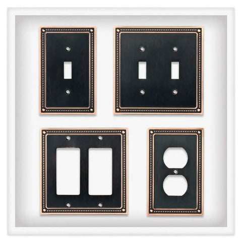 Old School Beaded 3 Pack Wall Plate Covers Bronze With Copper Highlights For 1 Gang Single Duplex Switch Plates Venetian Bronze Finish With Easy Install Screws Included showcasing different switch plate types.