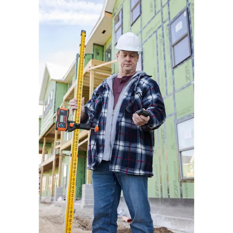 Universal Green and Red Rotary Laser Detector With Dual Sided LED Backlit Display IP54 Dust and Water Protection Fine and Coarse Modes For Precise Leveling And Quick Audible Visual Readouts Pro Grade Easy Read mounted on grade pole at construction site