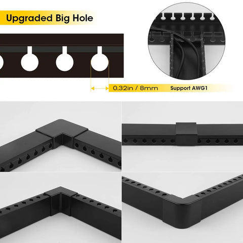 Nine Channel Cable Raceway Kit With Open Slot Duct And Cover For Wall Concealer Cable Management, black sections with big holes