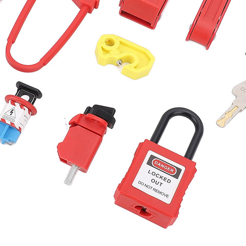 All In One Electrical Lockout Tagout Kit With 8 Locks And 6 Hole Hasp, Nylon PA Circuit Breaker Lockout Devices, red padlock