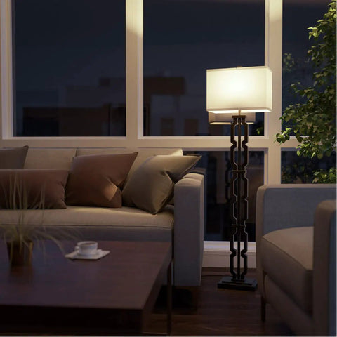 Tall Black Floor Lamp With White Rectangular Shade, 59.5 Inch Height, 16 Inch Width, 9 Inch Extension, 3 Way Socket Switch in living room