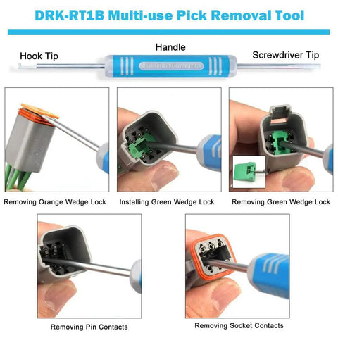 DRK-RT1B multi-use pick removal tool demonstrating use on electrical connector locks
