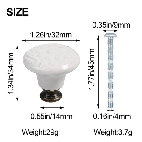 Size diagram for Eight Vintage Ceramic Knobs Set With Screws For Dresser Cabinet Drawer Doors Retro Floral Pulls