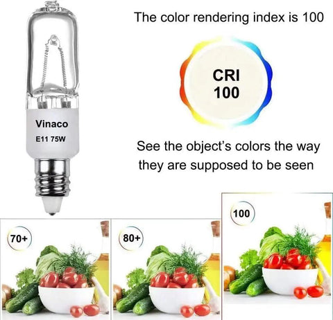 Beefy Bright High Output E11 Halogen Bulb 120V 75W T4 Mini Candelabra Base Dimmable CRI 100 illustration with vegetables.