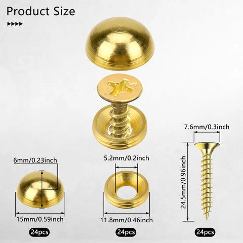 Top Grade Brass Decorative Screws With Protective Caps 24 Pc Kit Solid Copper Screw Covers For Furniture Upholstery And Glass Mirror Installation Hella Durable Smooth Install Killer Look 15 Mm measuring sizes and details.