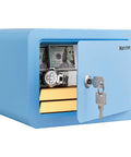 Kid Safe Mini Safe Box With Key Lock, Steel Money Box Safe for cash and valuables, compact blue home safe, 6.69 x 9.06 x 6.69 inches.