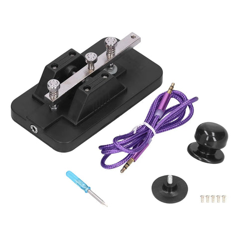 Voice Practice Morse Code Telegraph Key Kit with Buzzer and Voice Prompts, featuring black base, data cable, and accessories.