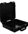 Hella Practical PP Plastic Toolbox With Secure Lock, Savage Electric Drill Carry Case And Nifty Small Parts Organizer For Wet Weather Jobs And Daily Grind, open black toolbox with handle.