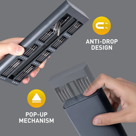 Hands demonstrating Electric Cordless Screwdriver 66 In 1 Kit With Dual Speed Torque, anti-drop design, and pop-up mechanism