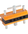 Front view of Self Centering Doweling Jig with aluminum alloy body and 6mm 8mm 10mm guide bushings for precision wood dowel joints.