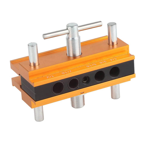 Front view of Self Centering Doweling Jig with aluminum alloy body and 6mm 8mm 10mm guide bushings for precision wood dowel joints.