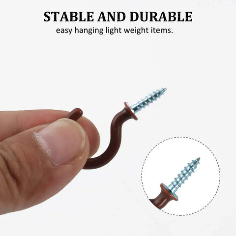 Hand holding brown 1 inch cup ceiling hook, vinyl coated metal, screw-in design, part of pack of 20 for home and office use.