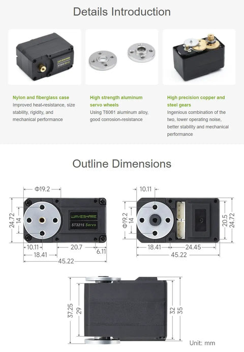 30Kg Serial Bus Servo with nylon case, metal gears, and encoder, mechanical design, and dimensions for robotic control systems.