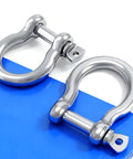Two Badass 304 Stainless Steel Marine Shackles With Screw Pin on blue background, perfect for tough boat rigging and towing.