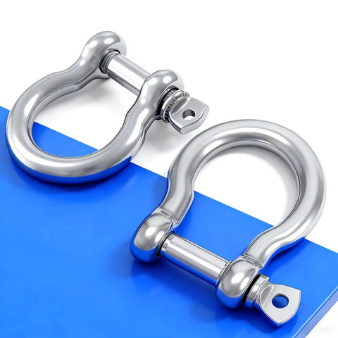 Two Badass 304 Stainless Steel Marine Shackles With Screw Pin on blue background, perfect for tough boat rigging and towing.