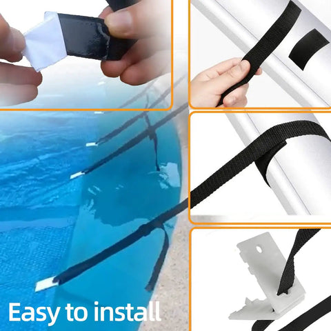 Hands attaching No Sweat Universal Pool Solar Cover Reel Attachment Kit Slick Heavy Duty Strap Hardware For In Ground Pools.