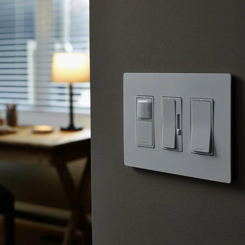 Radiant 600W Occupancy Motion Sensor Light Switch With Auto On Auto Off installed on a wall in a dimly lit room