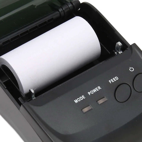 Blazing Fast 58mm Thermal Label Printer, Compact Desktop Receipt Machine showing open compartment with thermal paper.
