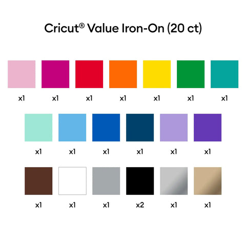 Value Iron-On Rainbow Sampler HTV Set, 12x12 Inch Sheets, 20 Count, multicolor heat transfer vinyl sheets display