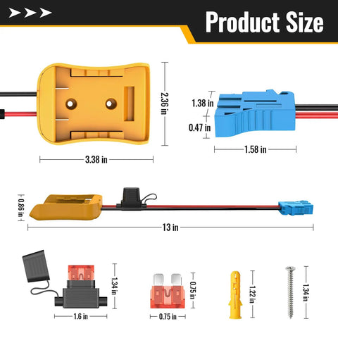 Battery Adapter For Dewalt 20V To Peg Perego Ride On Toy Conversion Kit with Fuse Holder and Wire Harness dimensions