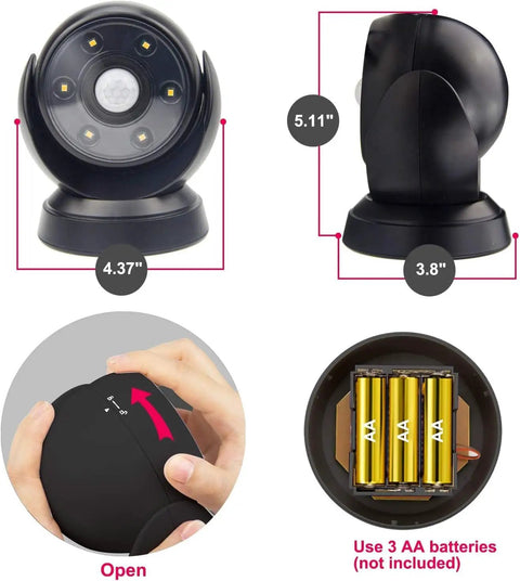 Battery Operated Motion Sensor Spotlight For Indoor And Outdoor Use Wireless LED Flood Light with dimensions and battery setup