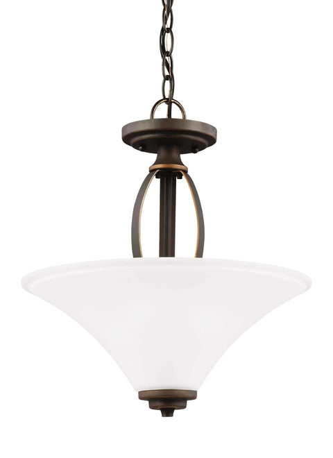 Transitional Two-Light Semi-Flush Convertible Pendant Light in Bronze Dark Finish with Satin-Etched Glass Shades