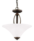 Transitional Two-Light Semi-Flush Convertible Pendant Light in Bronze Dark Finish with Satin-Etched Glass Shades, Metcalf Collection