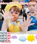 Kids wearing aprons and playing with 2 Pack Silicone Chocolate Molds With 12 Cavities Sun Cloud Rainbow Hot Air Balloon Shapes