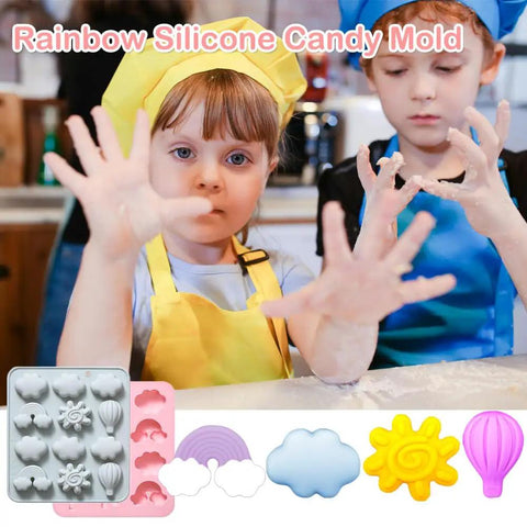 Kids wearing aprons and playing with 2 Pack Silicone Chocolate Molds With 12 Cavities Sun Cloud Rainbow Hot Air Balloon Shapes