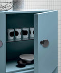 Open cabinet with Six Piece Aluminum Hex Knob Set For Cabinets Black Brushed Finish With Single Hole Drawer Handles for kitchen.