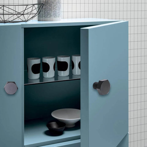 Open cabinet with Six Piece Aluminum Hex Knob Set For Cabinets Black Brushed Finish With Single Hole Drawer Handles for kitchen.
