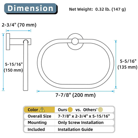 Dimensions diagram of Slick Brushed Dark Gold Towel Ring With Swivel Hand Towel Holder SUS 304 Stainless Steel Wall Mounted.