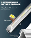 Close-up of 8 ft LED light showcasing 768 LED chips with V shape design for Six Pack 100W 8 Foot LED Shop Lights With 15000 Lumens 5000K V Shape 270 Degree Lighting Linkable For Garage Warehouse Basement Barn Storage Area Heavy Duty Energy Saving Plug And Play Long Lasting
