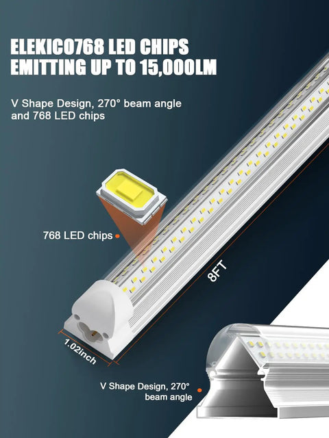 Close-up of 8 ft LED light showcasing 768 LED chips with V shape design for Six Pack 100W 8 Foot LED Shop Lights With 15000 Lumens 5000K V Shape 270 Degree Lighting Linkable For Garage Warehouse Basement Barn Storage Area Heavy Duty Energy Saving Plug And Play Long Lasting
