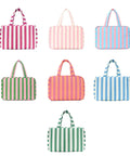 Seven striped water resistant cosmetic bags with leak proof pockets displayed in various colors, durable travel organizer for easy access.