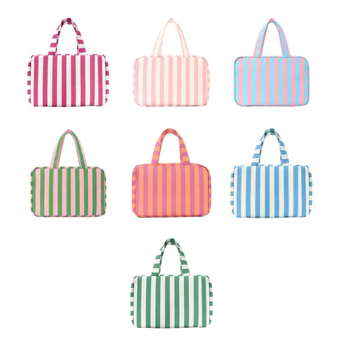 Seven striped water resistant cosmetic bags with leak proof pockets displayed in various colors, durable travel organizer for easy access.