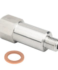 Stainless Steel Coolant Temperature Sensor Adapter For LS Engine Swaps M12 1.5 To Three Eighths Inch NPT Plug And Play Install Keeps OEM Sensors In Place On LS X LS1 LS3 LS2 LM4 LS7 and more GM LS engines, stainless adapter with copper washer