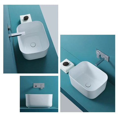 USZWBY Bathroom Vessel Sink White Bathroom Sink Fillet Deepen Basin Design Ceramic Vessel Sink Art Basin Above Counter Bathroom Sink for Lavatory Vanity CABI with modern faucet on teal countertop.