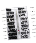 Miniature Screw Set With Countersunk Flat Head Screws In Transparent Storage Box For Glasses Watches Diy Projects And Repairs Small Hardware Kit For Professionals And Diy Enthusiasts showcasing various compartments with screws and a screwdriver in a clear case.